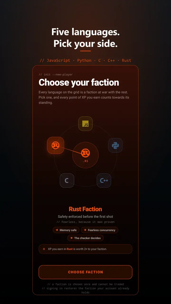 The faction picker across the five languages